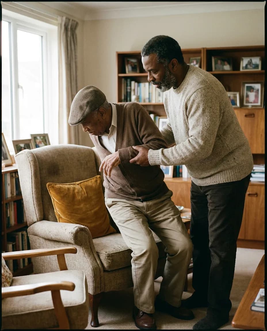 An adult son helps his father at home