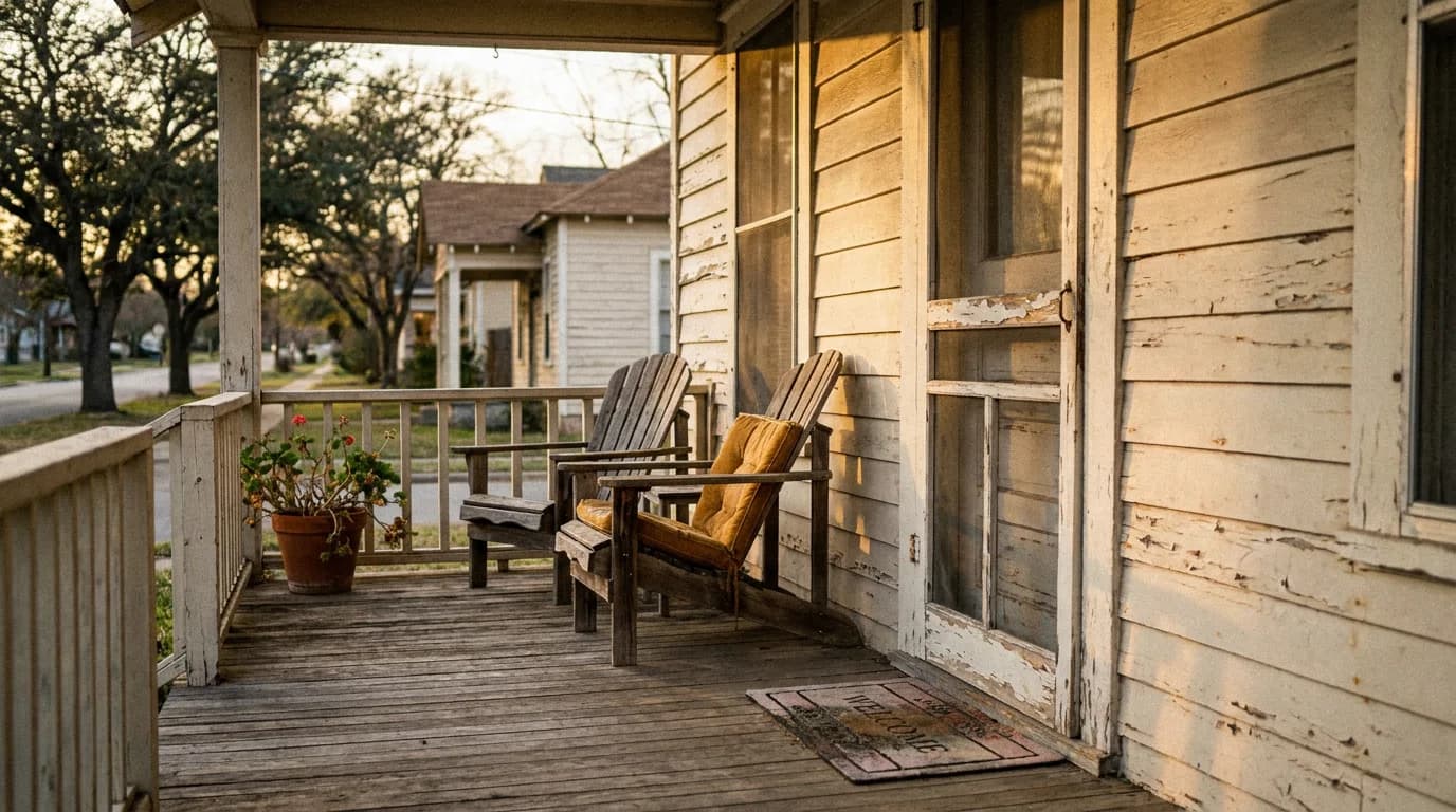 A front porch on a quiet residential street