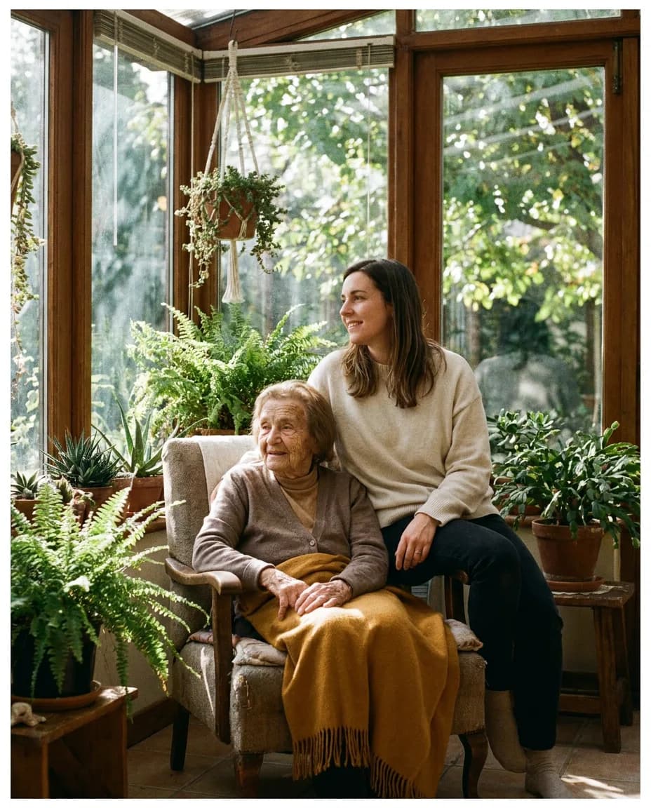 An older woman sits in a sunlit room at home