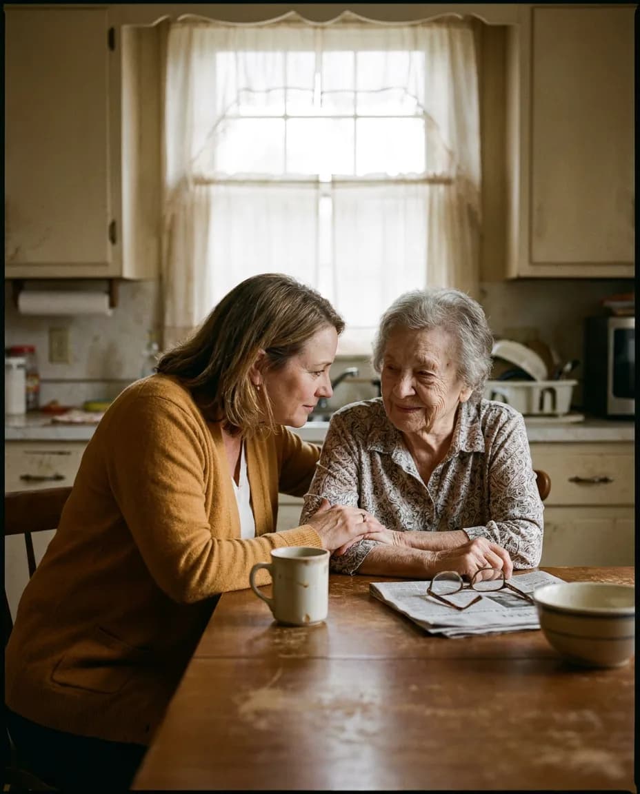 A daughter sits with her mother at the kitchen table in morning light