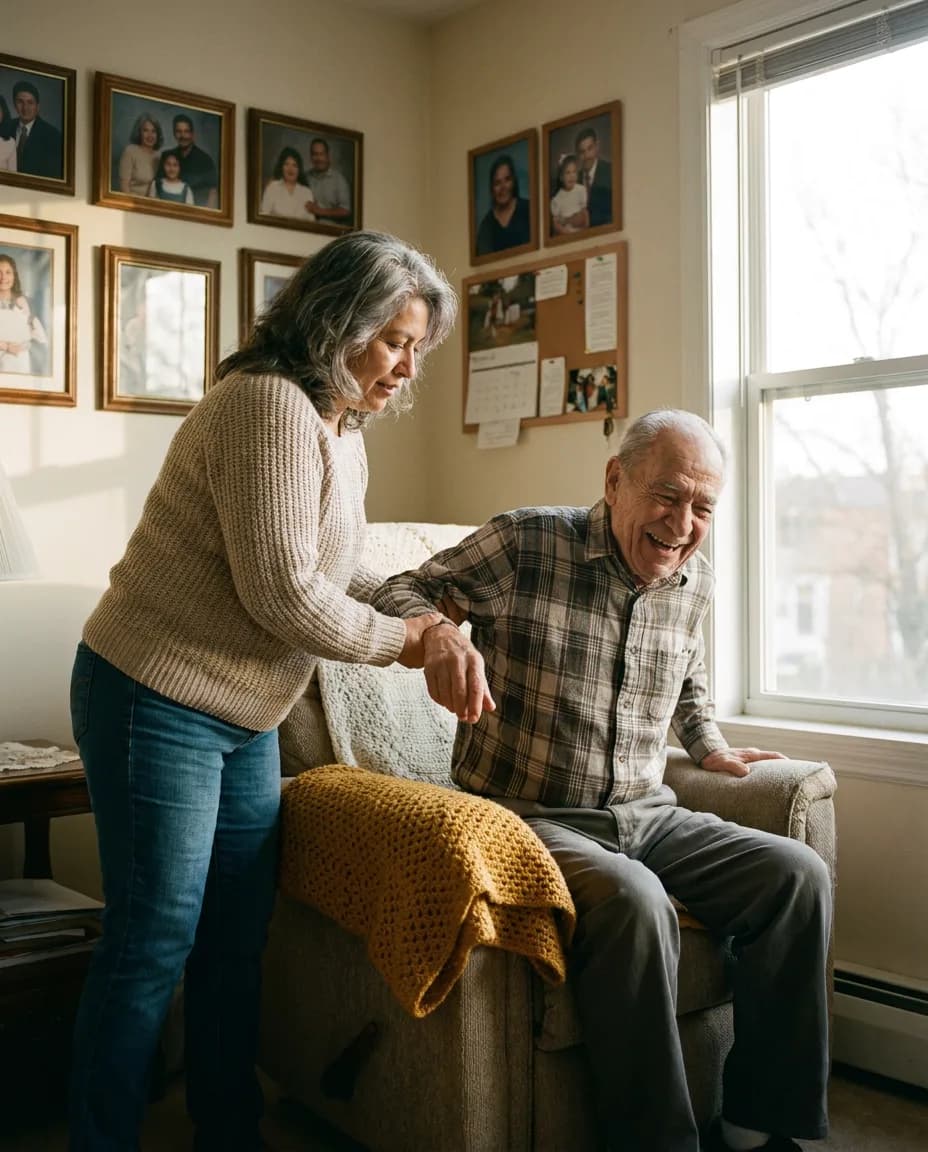 A family gathered at home with an older relative